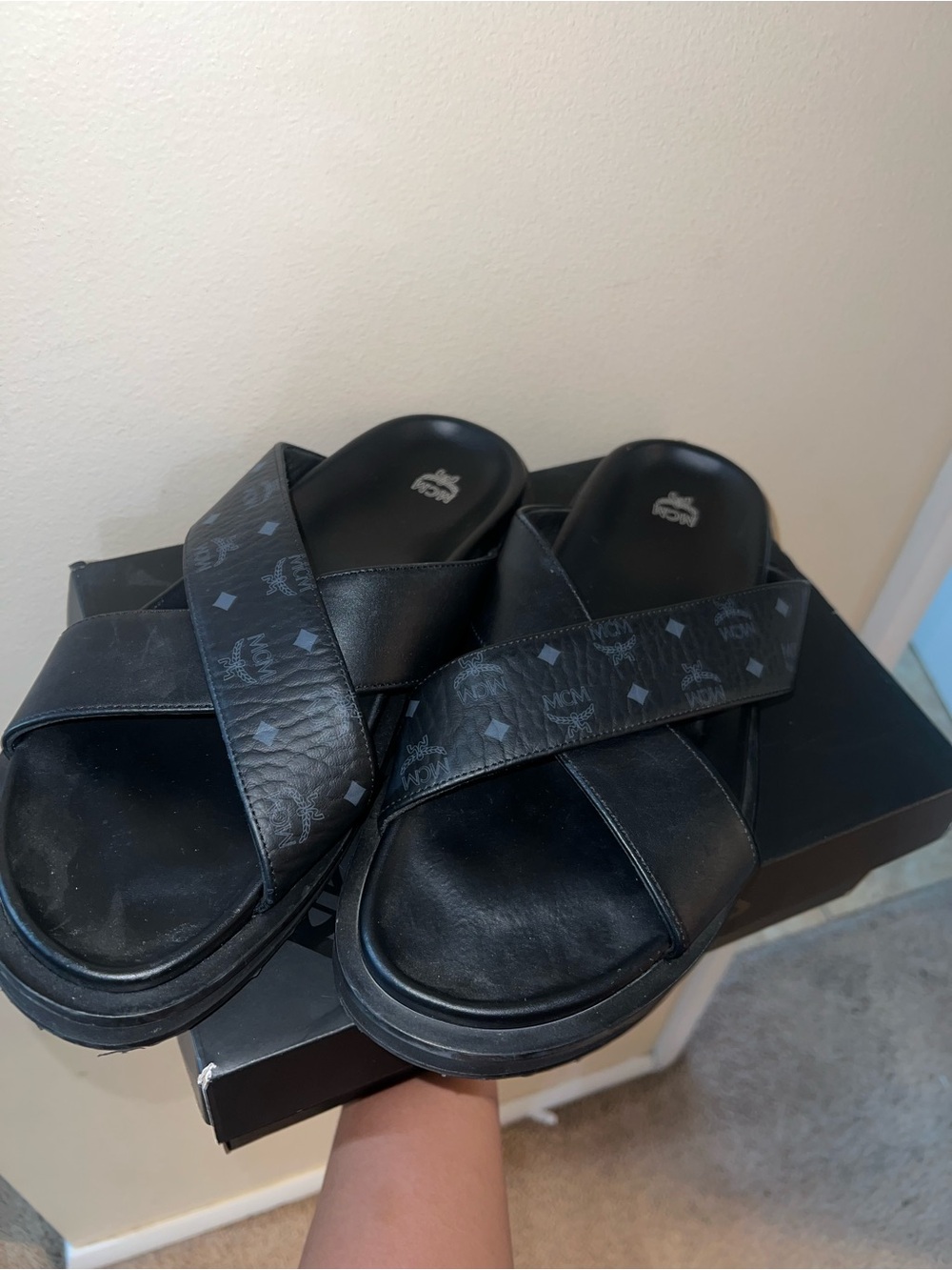 MCM Black Monogram Cross-Strap Slide Sandals